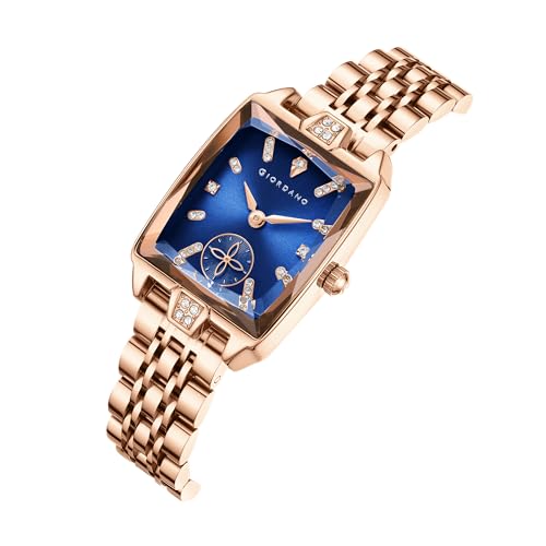 Image of Giordano Analog Watch for Women - Rectangular Dial, Crystal Hour Markers and Rose Gold Stainless Steel Strap