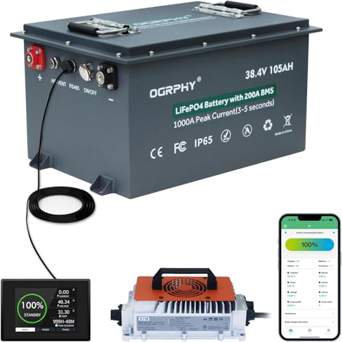 OGRPHY 36V Lithium Golf Cart Battery, 200A BMS(1000A Peak Current), with Touch Monitor & Mobile APP, 4000+ Cycles 36V Lithium Battery with 25A Charger, Perfect for Golf Carts, Trolling Motor(105AH)