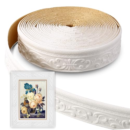 Zamety Bordüre Selbstklebend Weiß, 3D Zierleiste Selbstklebend, Wasserdicht Tapetenbordüre, 10m x 8cm x 5mm Anti-Kollisions Selbstklebende Bordüre, Gelten für Linien, Decken, Ecken