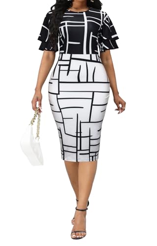 Image of Xinlees Women's Bodycon Pencil Dress Sexy Short Ruffles Sleeve Clubwear Basic Fitted Outfits Casual Midi Dresses