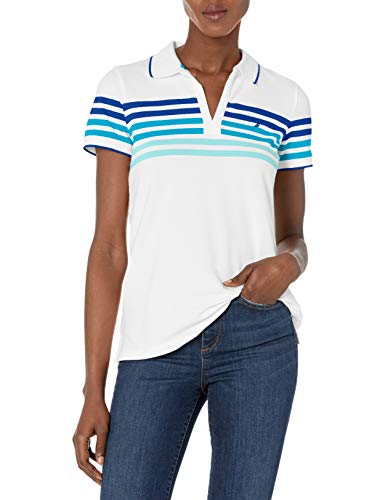 Nautica Women's Classic Fit Striped V-Neck Collar Stretch Cotton Polo Shirt Shirt, Bright Cobalt, Medium