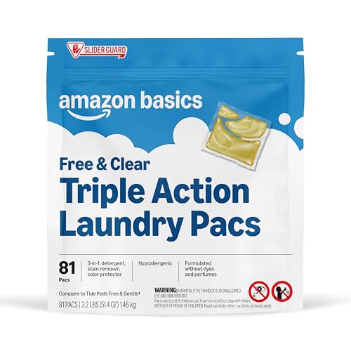 Amazon Basics Laundry Detergent Pacs Free & Clear Powerful Triple Action Hypoallergenic Unscented 81 Count