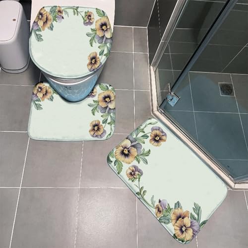 Tapete de baño antideslizante con diseño de flores verde claro, 3 piezas, tapete absorbente de agua, tapete de baño en forma de U, lavable a máquina, tapete mate para baño, 45 x 75 cm