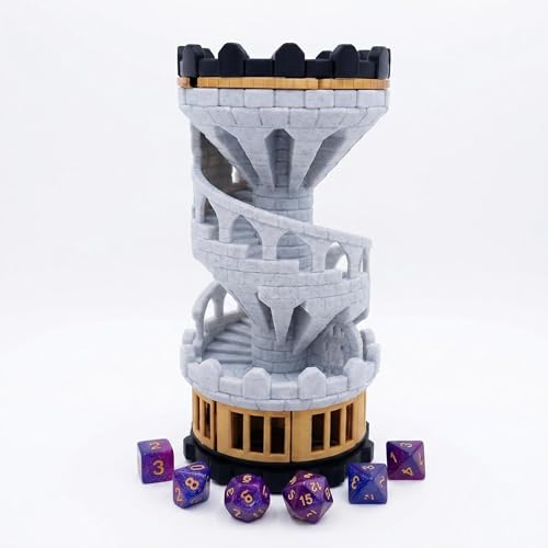 Spiral Staircase Dice Tower with Mechanical Trapdoor Top and Hidden Storage Base - Plastic Portable Castle Fortress Dice Roller for DND RPG and Tabletop Gaming (Mechanical Castle)