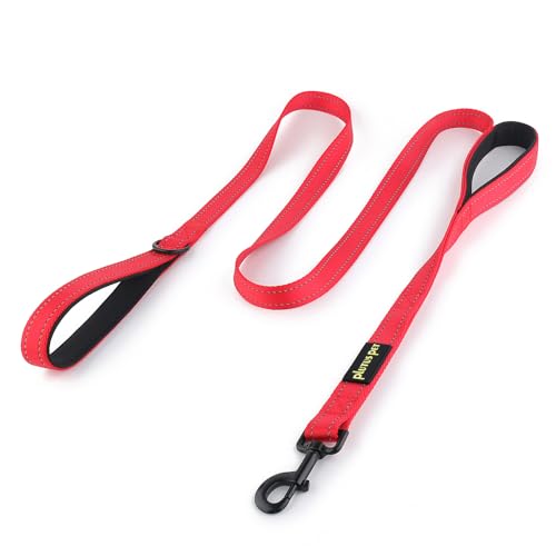 Plutus Pet Double Handle Dog Leash, 6ft, Padded, Heavy Duty, Reflective, Red, 2 Handle Leads