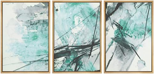 NWT Framed Wall Art Print Set Teal & Green Watercolor Explosion Abstract Shapes Illustrations Modern Art Bohemian Colorful Pastel for Living Room, Bedroom, Office - 16"x24"x3 Natural
