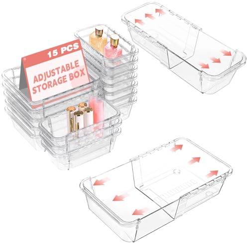 15 Pcs Extendable Clear Drawer Organizer, All Adjustable Vanity S...