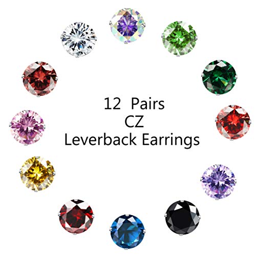 JOERICA 12 Pairs Leverback Dangle Earrings Set for Women Gold Plated CZ Stainless Steel Earrings 6/10MM Multicolor Cubic Zirconia Drop Earrings2