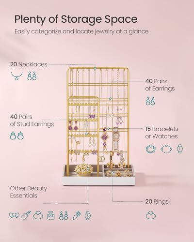Image of SONGMICS Necklace Holder, Jewelry Stand Holder Organizer, Jewelry Display with Metal Frame, Velvet Tray, Earring Bracelet Holder, for Gift Idea, 5.5 x 9.4 x 14.1 inch, Pale Gold UJJS028A01