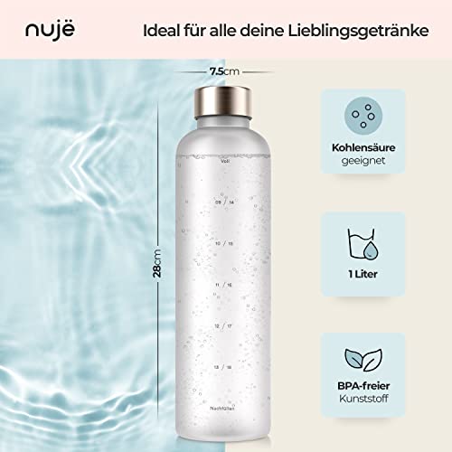 nujë Trinkflasche 1l Kohlensäure geeignet mit Zeitmarkierung (inkl. Geschenkverpackung) für Sport, Wandern, Fitness I… - Image 3