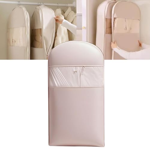 Space Saving Hanging Garment Bag with Self Compression Zipper, Space Saving Hanging Protector for Down Coat, Self Compression Zip Garment Bags with transparent window (Pink, L)