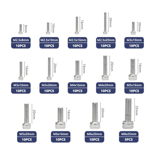 M2.5-M8 Hex Socket Head Cap Screw Metric Thread Hexagon Allen Machine Bolt 135Pcs M2.5 M3 M4 M5 M6 M8 304 Stainless Steel Metal Standard Fastener Hardware Assortment Set for Home Furniture Fastener