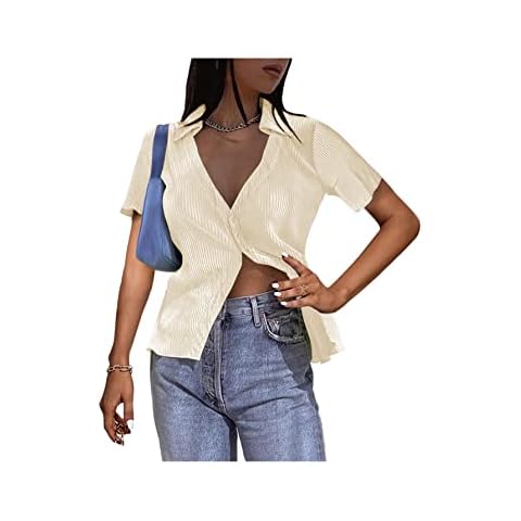 LYANER Women's Deep V Neck Button Front Split Slit Short Sleeve Sexy Blouse Top Shirt, Beige, Medium Cover