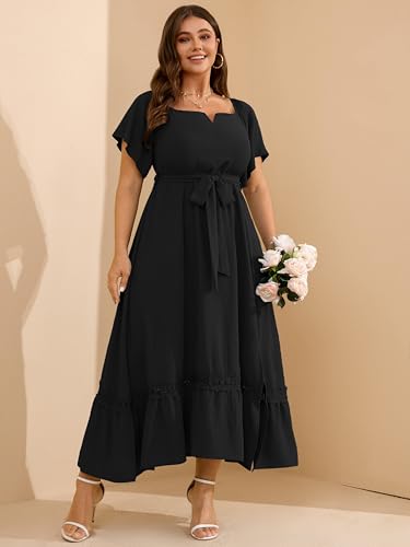 RWJ Women's Plus Size Dress for Cocktail Wedding Guest Formal V Neck Off The Shoulder Maxi Dress with Belt4