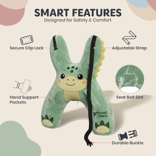Image of Kids Car Sleeping Pillow, H-Shaped for Neck & Back Support, Dino Green
