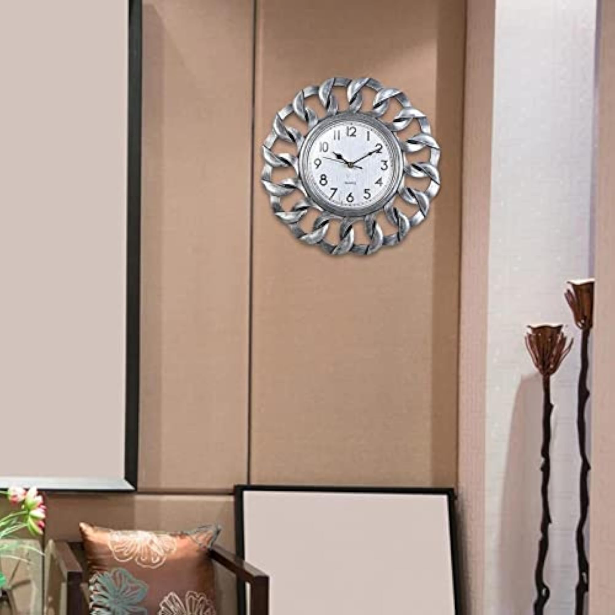 Retro Silent Wall Clock for Dining Room Decor, Silver