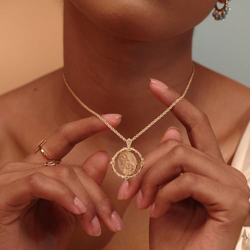 Fettero Gold Necklace for Women Birth Flower Necklace with Birthstone 14K Gold Plated Dainty Rotating Coin Pendant Necklace Personalized Birth Month Jewelry for Birthday Mother's Day Gift 12 Month2