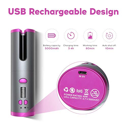 Cordless Auto Curler, Automatic Curling Iron, Rechargeable Auto Hair Curler with 6 Temperature & Timer Settings, Auto Shut-Off Portable Curling Wand for Hair Styling Anytime, Anywhere