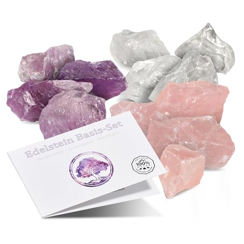 PURAJA Edelsteinwasser Basis-Set zur Wasserbelebung | Premium Kristalle | Natursteine Grundmischung: Rosenquarz, Amethyst, Bergkristall