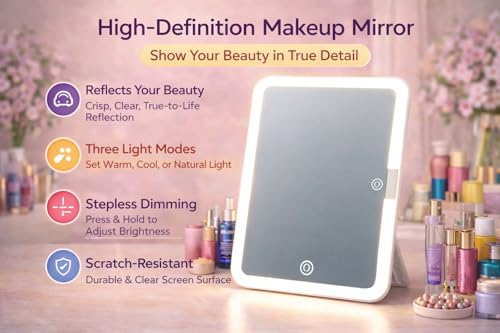 Image of HIMART Rechargeable Travel Makeup Vanity Mirror with LED Lights | Portable Lighted Cosmetic Mirror, 3 Color Lighting, Dimmable Touch Screen, USB Powered Beauty Mirror