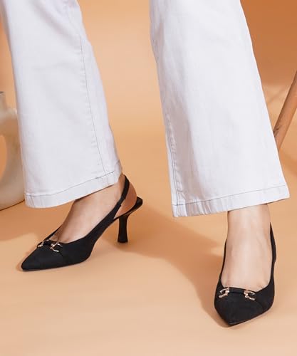 Image of JM LOOKS Women's Sophisticated Pointed Toe Slingback Kitten Heels with Metallic Buckle Accent for Professional and Evening Elegance