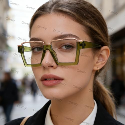 Image of Onrtry Oversized Square Blue Light Glasses for Women Men Fashion Semi Rimless Glasses Non Prescription Eyeglasses