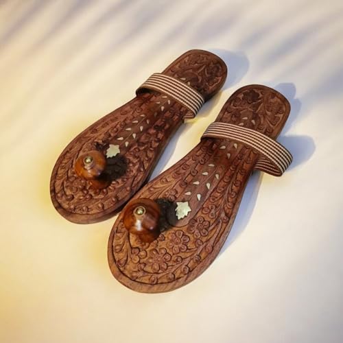 Image of Khadau Chappal for Men | Wooden Charan Paduka for Puja, Wearable Wooden Chappal Eco-Friendly (Rosewood) (8UK, Brass-Carve)