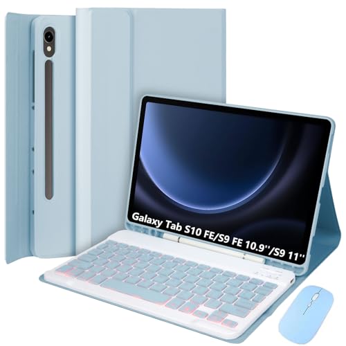 Keyboard Case for Samsung Galaxy Tab S10 FE/S9 FE 10.9 Inch/Galaxy Tab S9 11 Inch 2023, Mouse and 7-Color Backlit Detachable Bluetooth Keyboard, Ultra-Thin Folio Cover with S Pen Holder,Blue