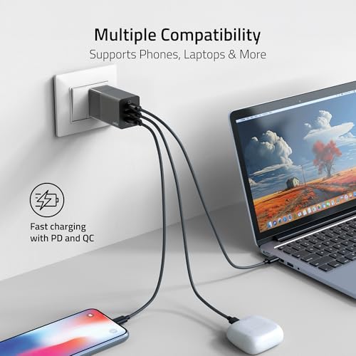 Image of Artis 65 Watt GaN Laptop Adapter with 3 Ampere 1 Meter Braided Cable Included. PD+PPS USB-C & QC USB-A Technology Power Adapter. Universal Compatibility for Laptops, Tablets & Smartphones.