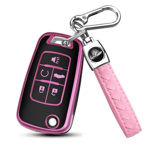 Image of QBUC for Chevy Key Fob Cover with Keychain Fit for Chevrolet Equinox Buick Camaro Cruze Malibu Impala Sonic Full Protection (Black /Pink)
