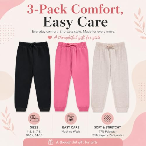 Image of BTween Kids Girls Fashion Stretch Waist Ultra Soft Jogger Pants Set 3 Pack Bundle
