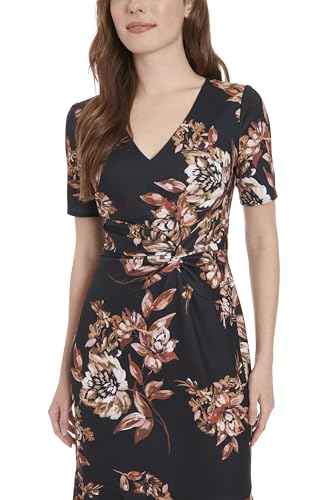 Image of London Times Women's V-Neck Dress - Flounce Hem, Twist Waist, Elegant Office & Event Wear