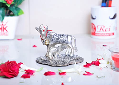 Image of KridayKraft Kamdhenu Cow,Calf with Bal Gopal Krishna Metal Statue for Good Luck,Feng Shui As Table Top Figurine,Vastu,Religious Gau MATA Idol Home,Office&Table (Silver, Small)