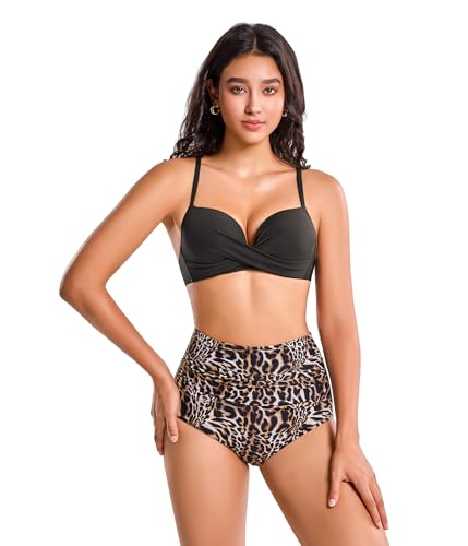 Conjunto de Bikini Mujer Control Abdomen Alta Cintura Push-Up Traje de Baño Parte Inferior con Estampado Leopardo Dos Piezas (XL, RD640-BlackCoffee)