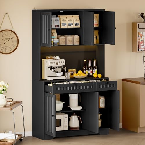 Image of BORNOON Pantry Cabinet with Charging Station and Light, Tall Kitchen Pantry Storage Cabinet with Microwave Stand, Wide Fluted Kitchen Hutch with Storage Drawers and Adjustable Shelves for Dining Room