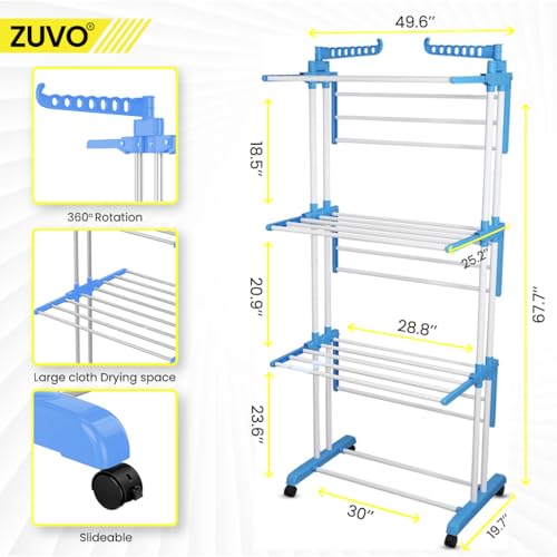 Zuvo Clothes Drying Rack 4 Tier - Blue Foldable Clothes Airer - Heavy Duty Stainless Steel - Perfect Indoor & Outdoor Clothes Drying Rack - Image 2