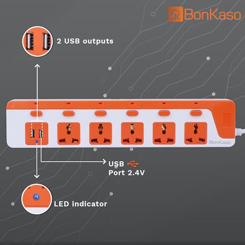 BonKaso 5-Socket Power Strip with Dual USB - 5 AC Sockets, 2 USB, 1.5m Cord Length, 1500 W, Compact 26cm Size, Ultra-Light 500g (White & Orange) - Image 3