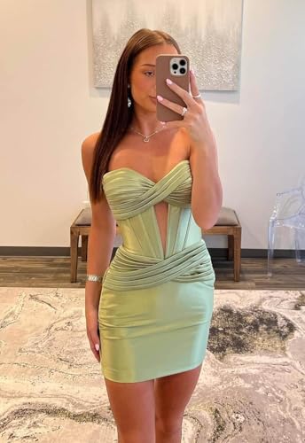 Short Satin Homecoming Dresses Tight Strapless Keyhole Bodycon Cocktail Party Gown Corset Prom Dress3