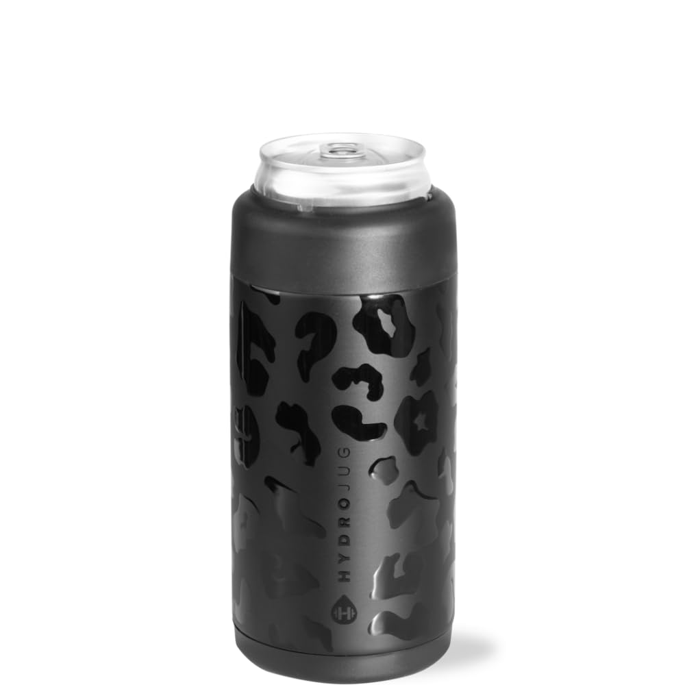 HydroJug Slim Can Cooler - 2-in-1 Insulated Can Cooler Cup - Stainless Steel Slim Can Holder with Non-Slip Rubber Base - Screw-Top Lid - Dishwasher Safe - 12oz, Black Leopard