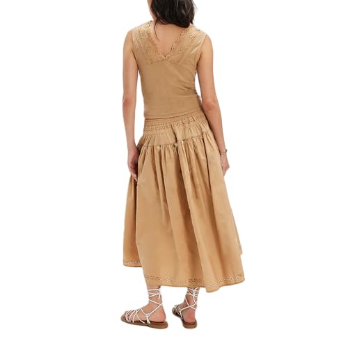 Image of HOXIJIA Women Long Skirt 2 Pieces Set Hollow Out Eyelet Lace Tie Front Vest and Skirt 2PCS Outfits Vintage Solid Color Set(Khaki1, S)