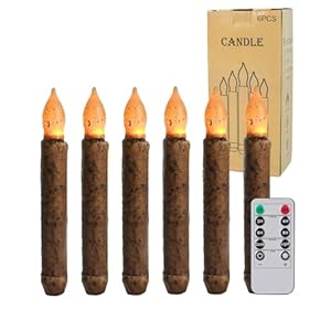 6.5” Primitive Candles Hand Dipped Real Wax Rustic Flameless Taper Candle with Timer Remote for Vintage Home Kitchen, Country Room, Christmas Halloween Decor