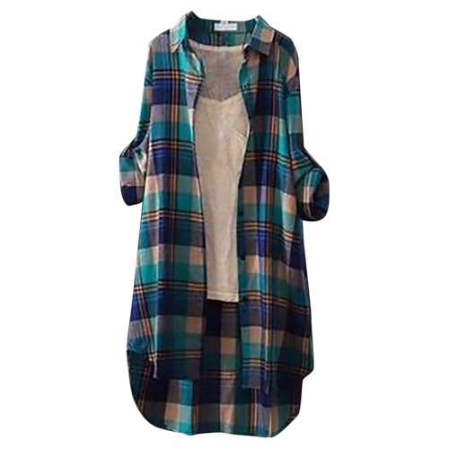 Cardigan for Women 2024 Plaid Print Tunic Tops Fall Fashion Plus Size Open Front Roll Up Sleeve Button Down Shirts