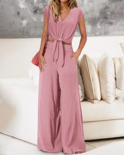 PRETTYGARDEN Women's Summer 2 Piece Outfits 2026 Cap Sleeve V Neck Belted Crop Tops Wide Leg Pant Sets Casual Tracksuit(Solid Pink,XX-Large) — view 3