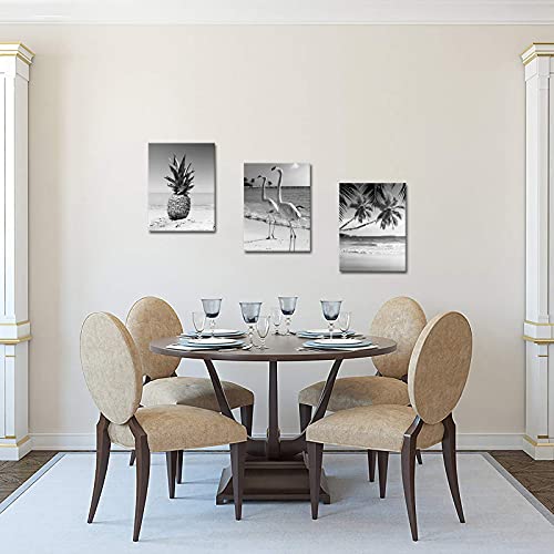 Artmyharbor 3 Piece Black And White Beach Wall Art Hawaii Pineapple Tropical Palm Tree Flamingo Picture Painting On Canvas For Bedroom Bathroom Wall Decor Wrapped Ready To Hang #TOP2