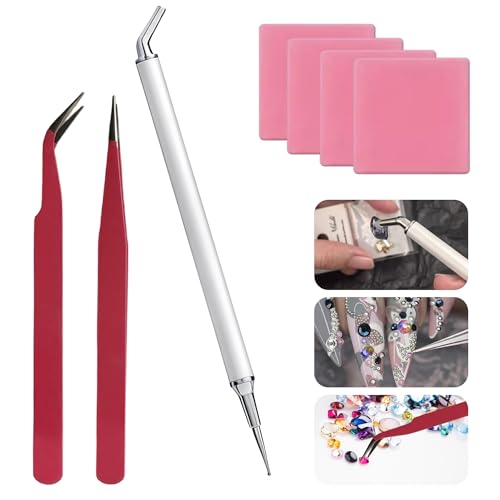 Rhinestone Picker Tool, Bedazzling Applicator Tool with 1.5mm/3.3mm Dual Metal Tips (Straight + 25° Angled), Rhinestone Applicator for Nail Art & Diamond Painting – Includes 2 Tweezers & 4 Gel Sheets