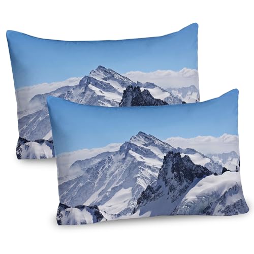 Ambesonne Winter Pillow Sham Set of 2, Snowy Rocky Mountain Peaks Tops Scene High Lands ICY Frozen Swiss Outdoor Art, Quality Microfiber Bedding Item for All Seasons, 30