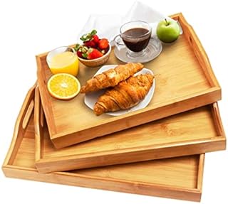 electromax Nest of 3 Serving Trays, Bamboo Serving Tray Set, Breakfast Serving Trays,Bamboo Food Serving Trays with Carry Handles, Easy to Store, Durable and Easy to Clean,