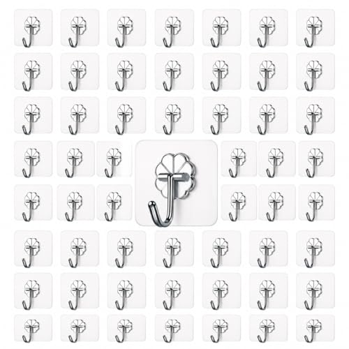 Image of CERLINK Self Adhesive Wall Hooks 50 Pack | Heavy Duty Transparent Sticky Hooks for Wall | No Drill, Waterproof, Strong Hold Hooks for Kitchen, Bathroom & Home (Pack of 50)