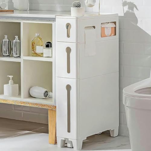 Cassettiera sottile con 4 cassetti e 2 rotelle, armadio da bagno stretto per piccoli spazi
