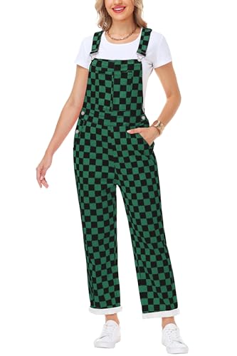 Magrank Womens Green and Black Checkered Overalls Adjustable Button Jean Overalls Christmas Plaid Jumpsuits L